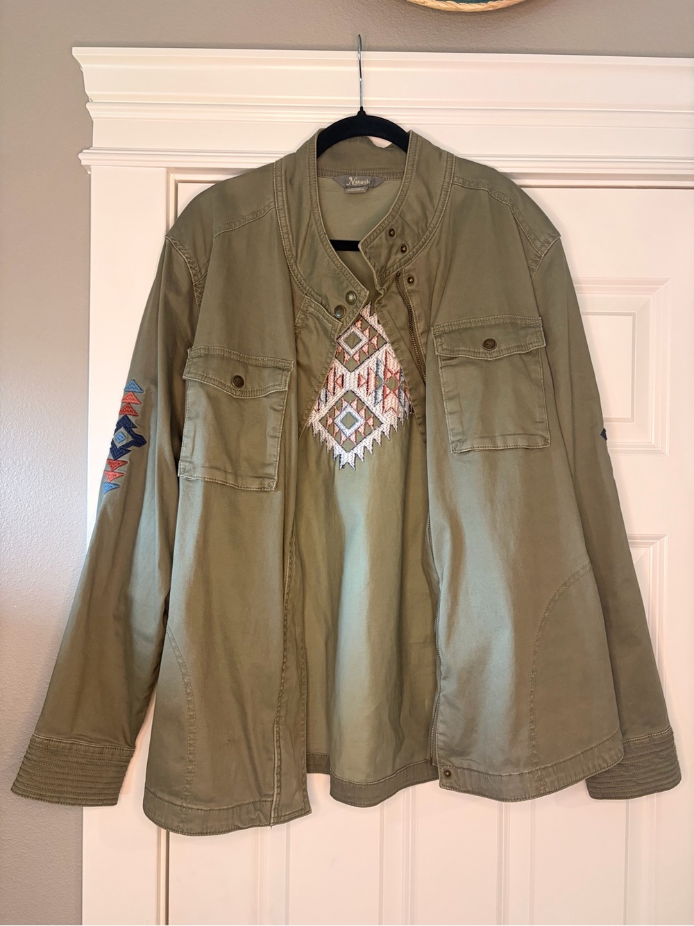 Natural Reflections Olive Green Utility Jacket with Embroidered Details